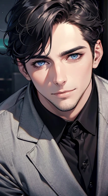(best quality,4k,8k,highres,masterpiece:1.2),ultra-detailed,(realistic,photorealistic,photo-realistic:1.37),1 man,31 years old,mature man,very handsome,without expression,smile,short grey black hair,blue eyes,penetrating gaze,perfect face without errors,imposing posture,businessman,office background,cinematic lighting,hdr image