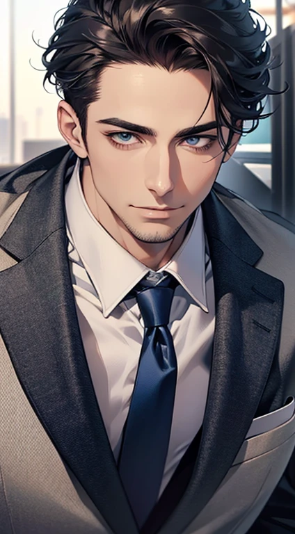 (best quality,4k,8k,highres,masterpiece:1.2),ultra-detailed,(realistic,photorealistic,photo-realistic:1.37),1 man,31 years old,mature man,very handsome,without expression,smile,short grey black hair,blue eyes,penetrating gaze,perfect face without errors,imposing posture,businessman,office background,cinematic lighting,hdr image