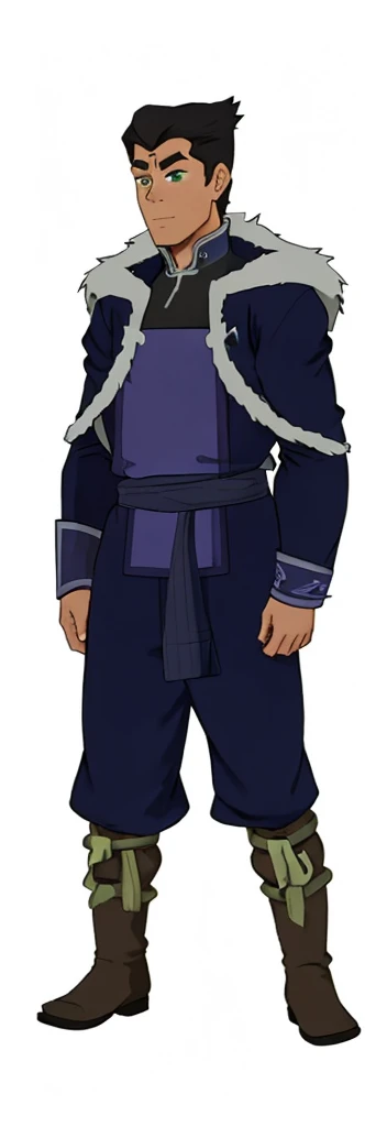 African-American, Bolin, water tribe traditional clothing mixed of blue and purple, with fur in shoulders and neck. Long sleeve, skinny, water tribe outfit. The character is wearing a blue, short-sleeved tunic with gold trim and fastenings down the front and fur collar, and fur on the shoulders. He has on dark purple pants tucked into knee-high boots. A green sash is tied around his waist. The overall style appears to be inspired by traditional East Asian clothing designs., fur on sleeves and shoulders, clothing mixed of water tribe purple and blue color and dark purple pants and skinny 