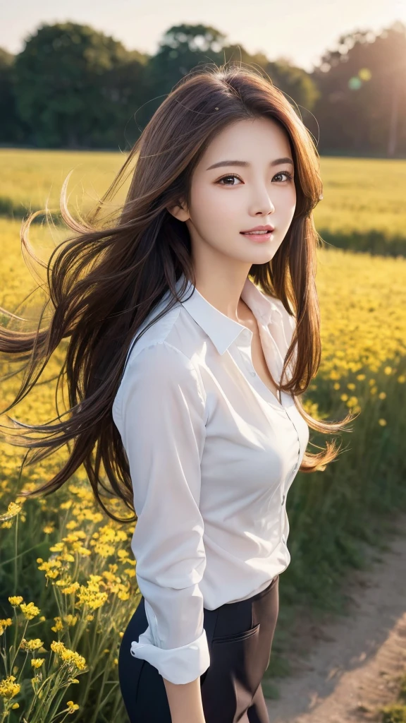 highest quality、genuine、Super detailed、finely、High resolution、8k wallpaper、one beautiful woman、、、light brown disheveled hair、wearing a business suit、sharp focus、perfect dynamic composition、beautiful and detailed eyes、thin hair、Detailed genuine skin texture、smile、model body shape、In a windswept meadow