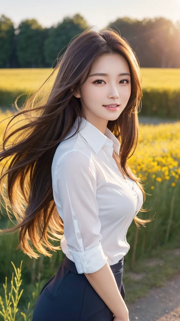 highest quality、genuine、Super detailed、finely、High resolution、8k wallpaper、one beautiful woman、、、light brown disheveled hair、wearing a business suit、sharp focus、perfect dynamic composition、beautiful and detailed eyes、thin hair、Detailed genuine skin texture、smile、model body shape、In a windswept meadow