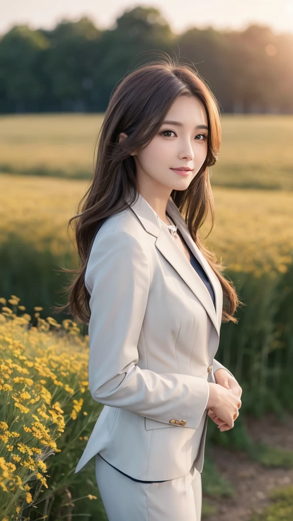 highest quality、genuine、Super detailed、finely、High resolution、8k wallpaper、one beautiful woman、、、light brown disheveled hair、wearing a business suit、sharp focus、perfect dynamic composition、beautiful and detailed eyes、thin hair、Detailed genuine skin texture、smile、model body shape、In a windswept meadow