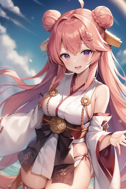 One girl, alone, Long Hair, King Kongu (Kantai Collection),Sakura Miko, Pink Hair, Double Bang, Purple eyes, Hair Bun, Ahoge, Open your mouth, Non-traditional Shrine Maiden, Removable sleeves, Brown eyes, White Background, (headgear):2, (Hair Bunド):2, smile, Sleeves edged with ribbon, Simple Background, kimono, Ribbon trim, View your viewers,  username, Upper Body, Wide sleeves, :d, King Kong