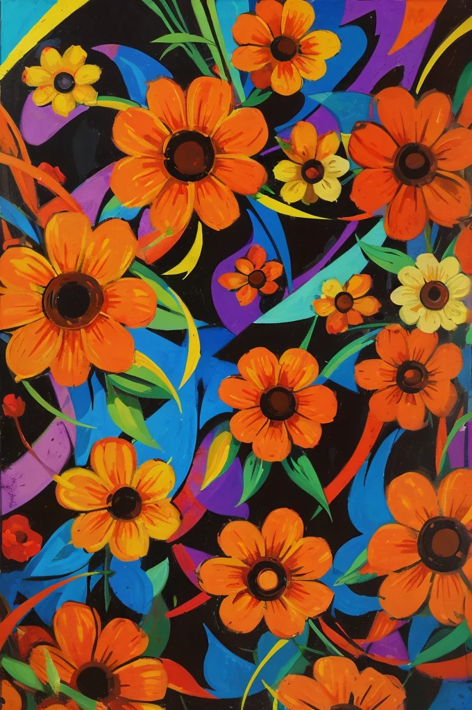 diabolical abstraction. Vector, few flowers, distorted art, spooky, sixties style, Oil painting.