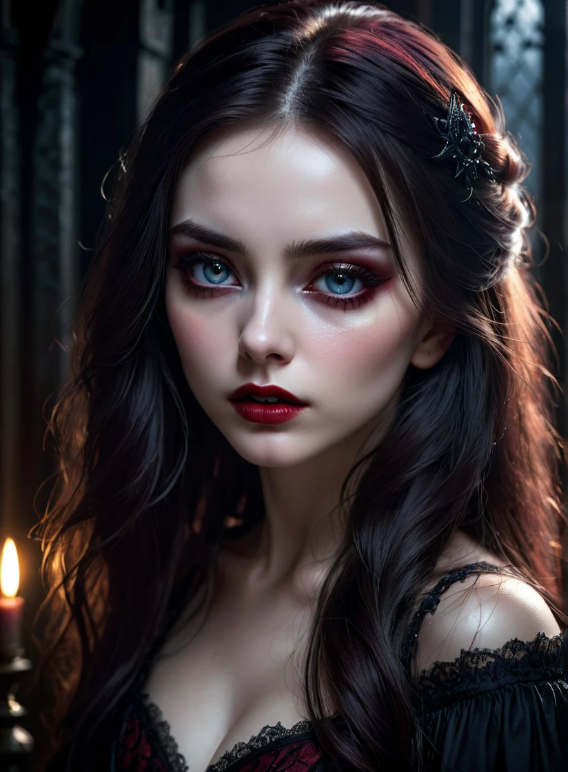 a beautiful girl in a dark gothic fantasy setting, injured by a vampire, close-up portrait, highly detailed, intricate, dramatic lighting, rich colors, cinematic, dark moody atmosphere, (best quality,4k,8k,highres,masterpiece:1.2),ultra-detailed,(realistic,photorealistic,photo-realistic:1.37),detailed eyes, detailed lips, extremely detailed face, long eyelashes, beautiful hair, pale skin, blood, dramatic expression, moody lighting, dark background, rich colors, cinematic composition