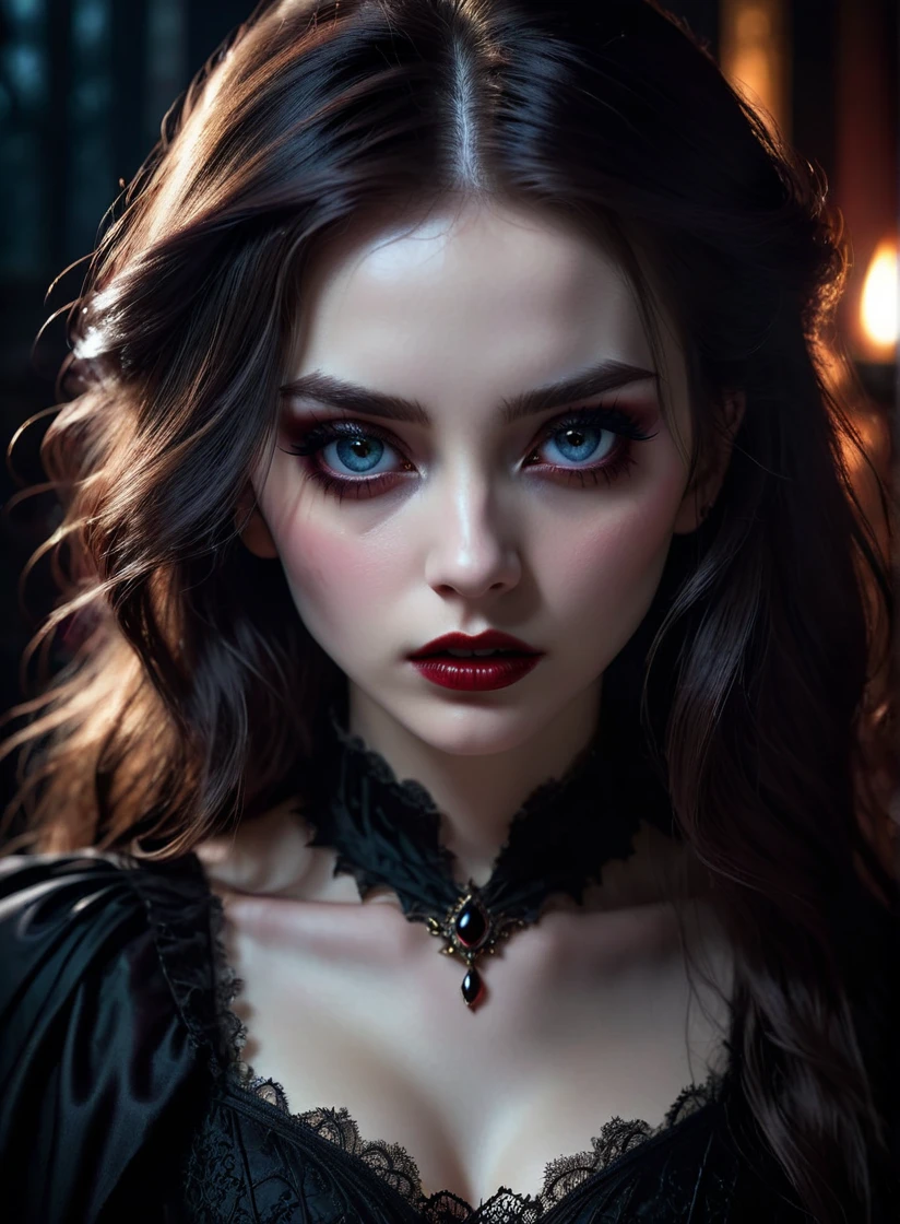 a beautiful girl in a dark gothic fantasy setting, injured by a vampire, close-up portrait, highly detailed, intricate, dramatic lighting, rich colors, cinematic, dark moody atmosphere, (best quality,4k,8k,highres,masterpiece:1.2),ultra-detailed,(realistic,photorealistic,photo-realistic:1.37),detailed eyes, detailed lips, extremely detailed face, long eyelashes, beautiful hair, pale skin, blood, dramatic expression, moody lighting, dark background, rich colors, cinematic composition