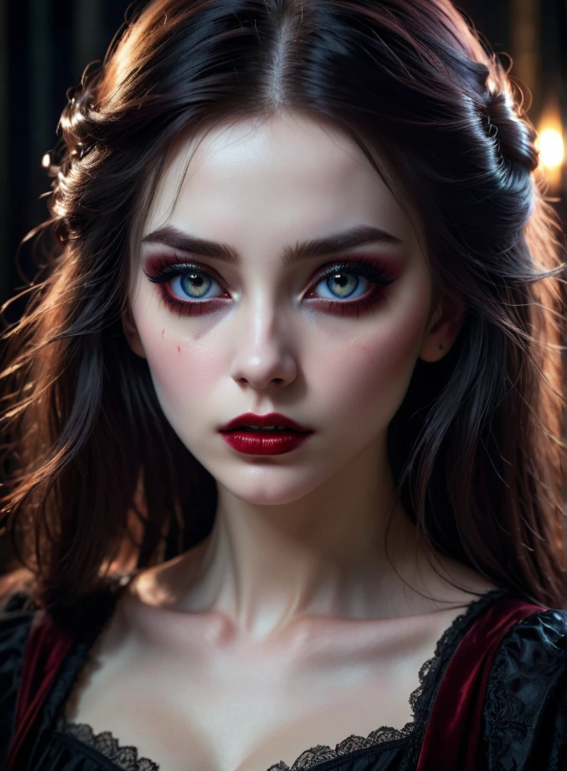 a beautiful girl in a dark gothic fantasy setting, injured by a vampire, close-up portrait, highly detailed, intricate, dramatic lighting, rich colors, cinematic, dark moody atmosphere, (best quality,4k,8k,highres,masterpiece:1.2),ultra-detailed,(realistic,photorealistic,photo-realistic:1.37),detailed eyes, detailed lips, extremely detailed face, long eyelashes, beautiful hair, pale skin, blood, dramatic expression, moody lighting, dark background, rich colors, cinematic composition