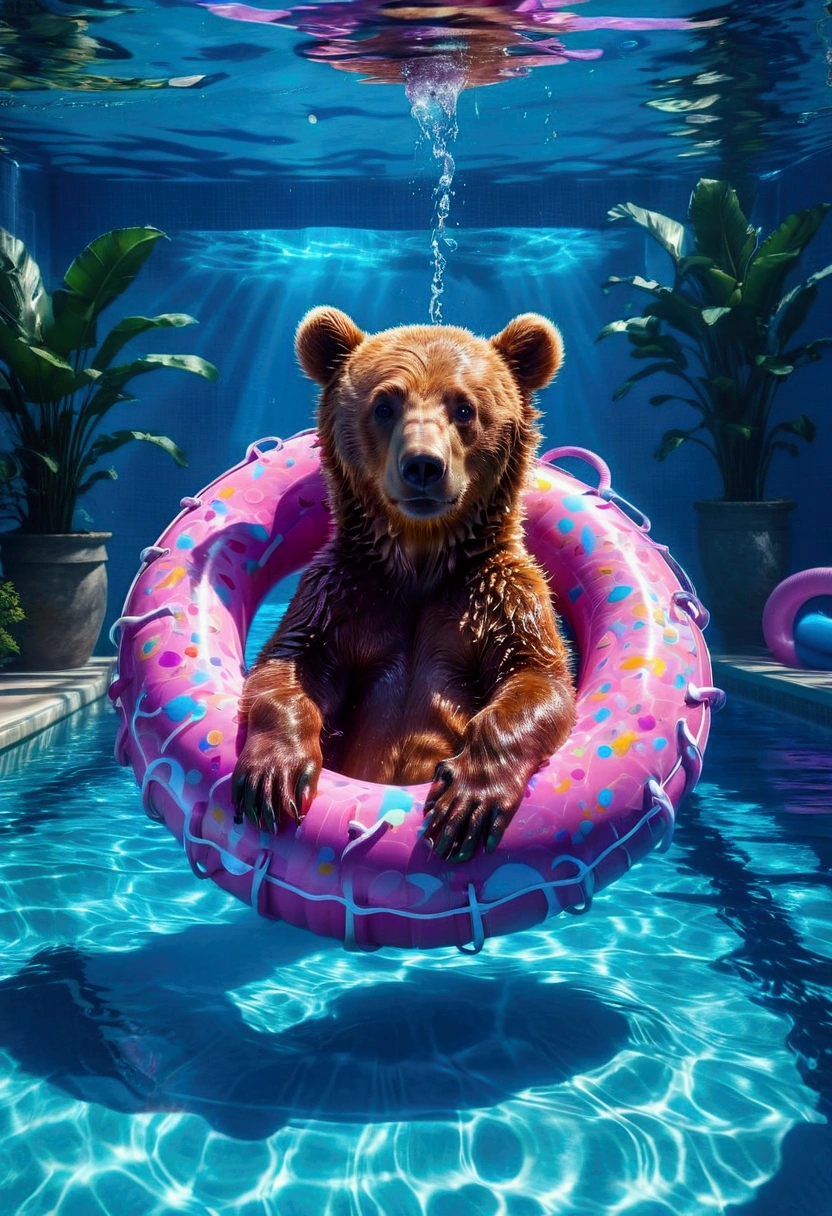 Pool , An adorable bear cub floating on its back on a pink inner tube in a swimming pool, hyperdetailed, 8k resolution concept art, cinematic, volumetric lighting, maximalist, detailed matte painting, deep color, fantastical, intricate detail, splash screen, complementary colors, fantasy concept art, 8k resolution trending on Artstation Unreal Engine 5, masterpiece, best quality, very aesthetic, absurdres