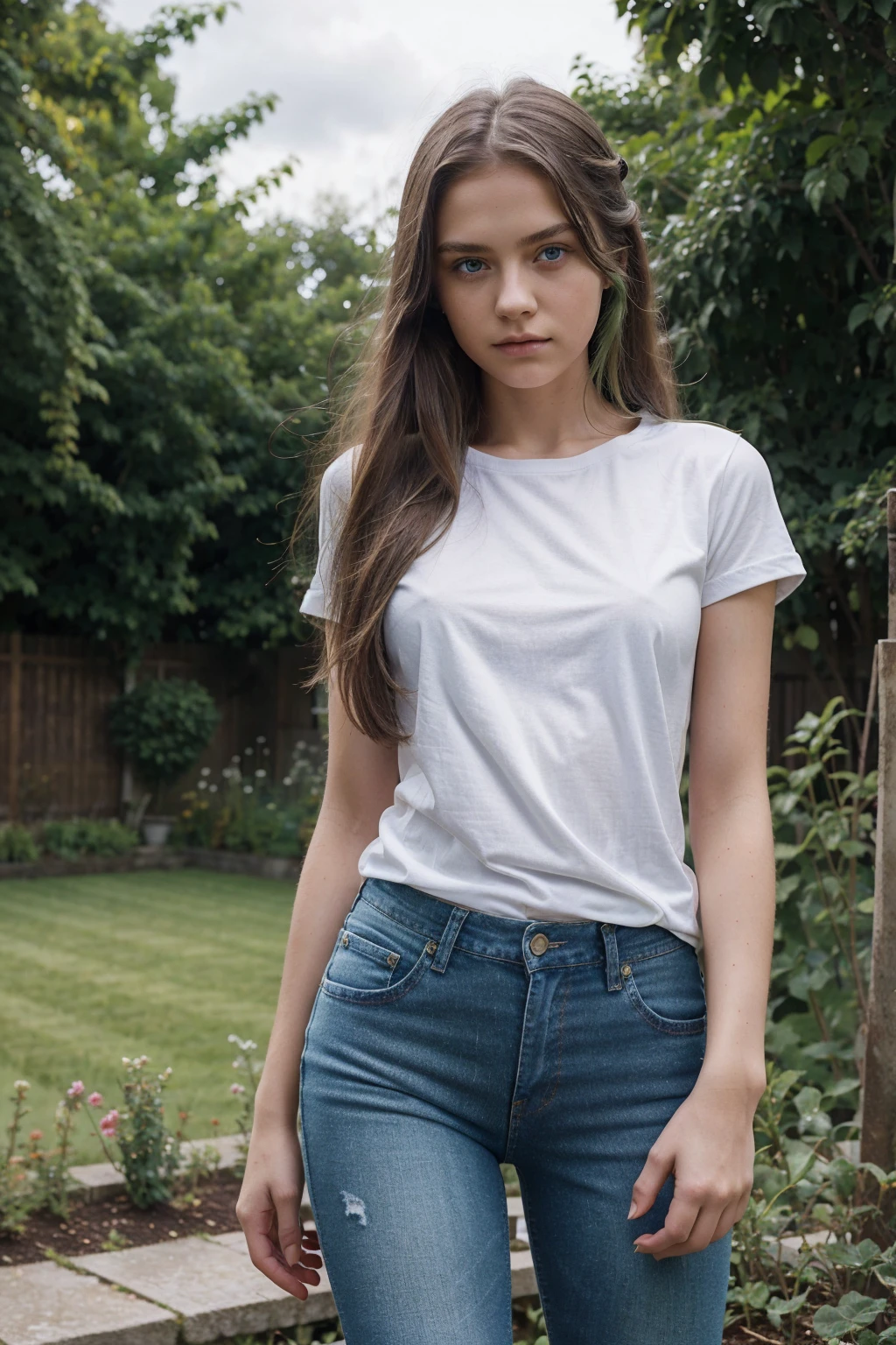 Masterpiece,stunning realistic, best quality, sharpness, 1 girl,12 years old,long hair,(green hair:1),(messy hair:1),dark blue eyes,(arms behind back:1),standing in a garden,white tight shirt,jeans
