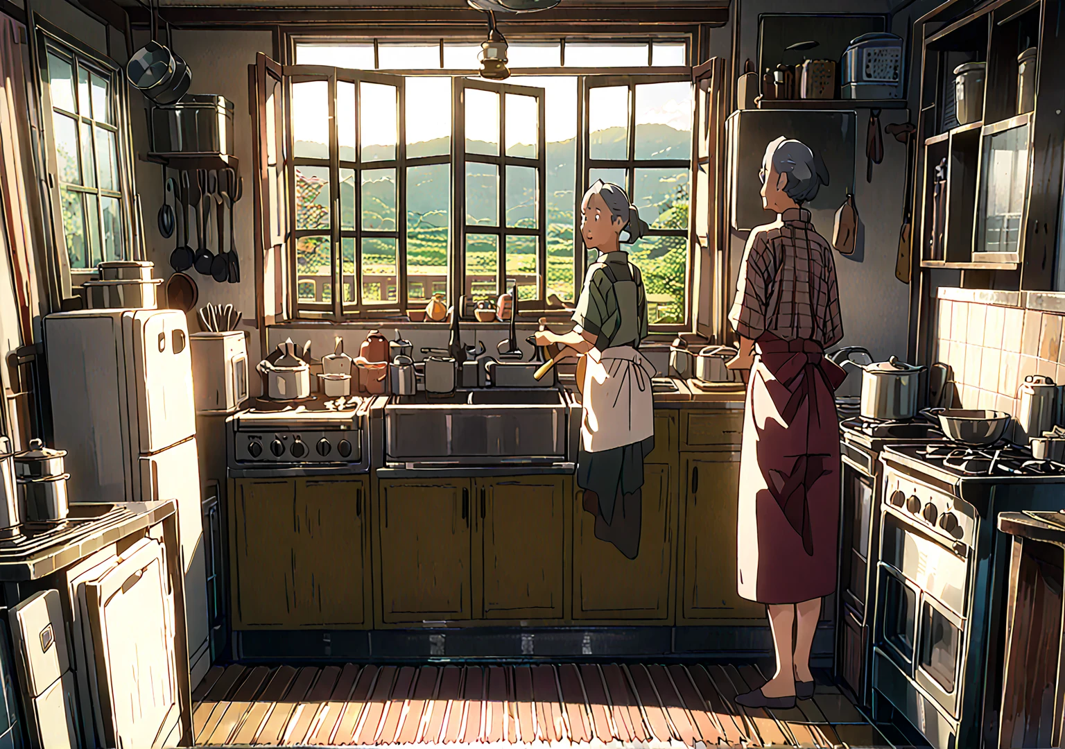 A young mother in her 40s is cooking in an old, rustic Japanese kitchen. She is seen from behind, wearing casual home clothes and an apron. The kitchen is narrow and filled with vintage decor, including a small sink, wooden cabinets, and old appliances like a microwave, a gas stove, and a retro refrigerator. Pots, pans, and various kitchen utensils are hanging around. The window shows a peaceful rural landscape outside. The scene has a warm, cozy feel with soft, natural colors and minimal contour lines, in an anime-style touch.
