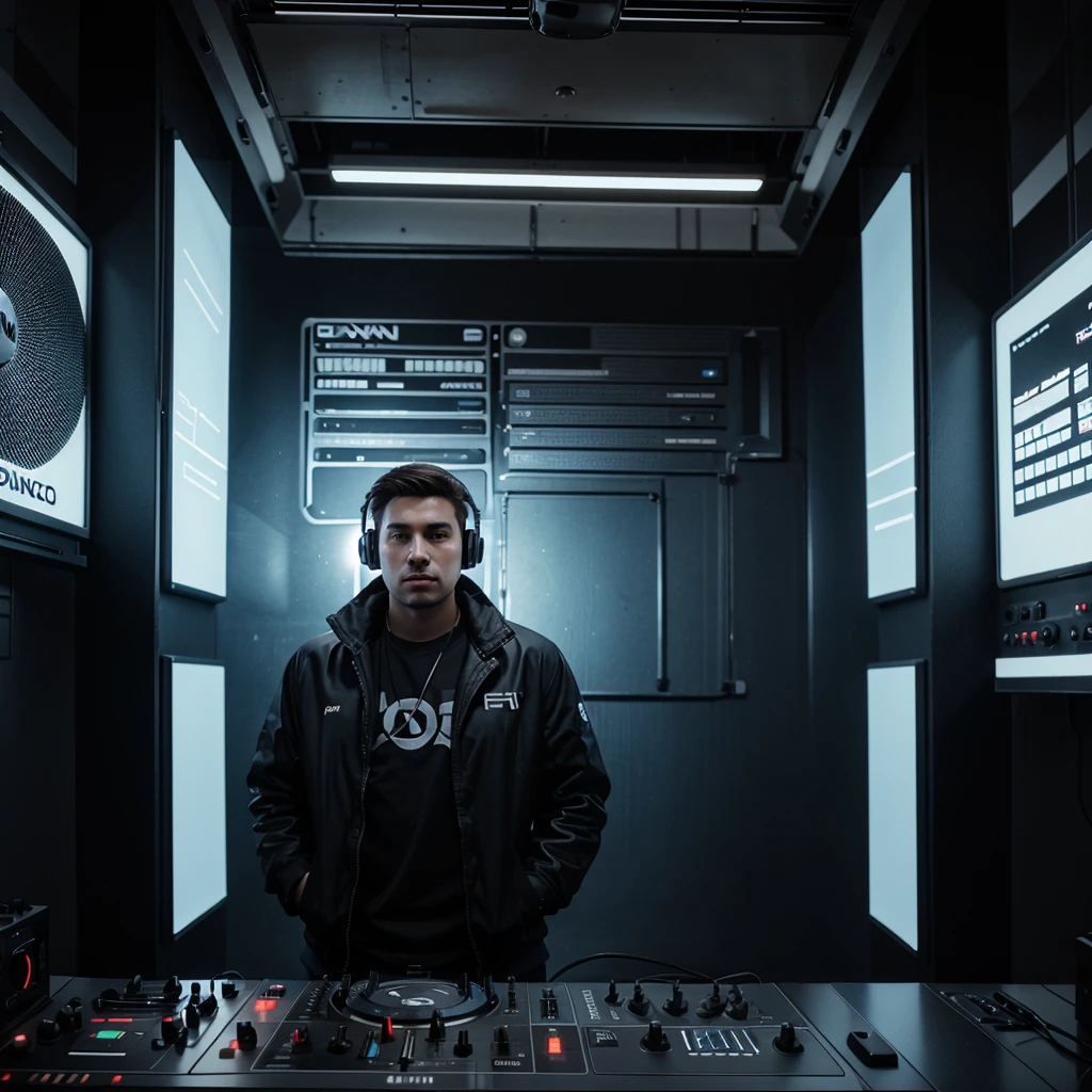 25 year old male DJ, feliz, big headphone, putting sound in a futuristic setting.