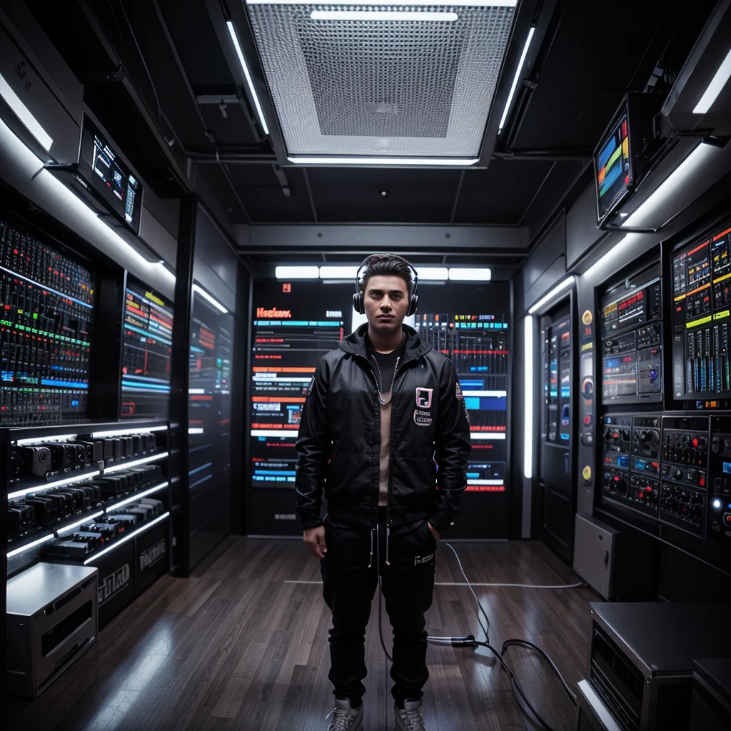 25 year old male DJ, feliz, big headphone, putting sound in a futuristic setting.