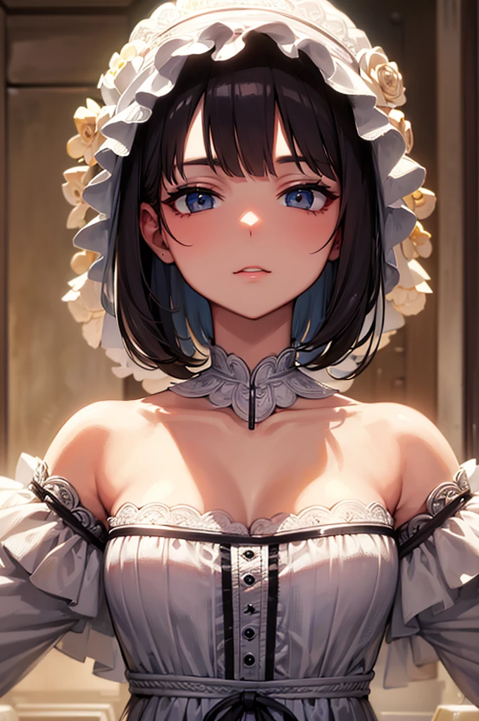 (((topless))),((show off your nipples )), ((white ruffle apron dress)), beautiful girl,maid headdress,(naked apron),(masterpiece), high quality,Not NSFW, (((apron lift))),((( white lace panties))), black hair, bangs, Fair skin, thin eyebrows, bob hair, big breasts,