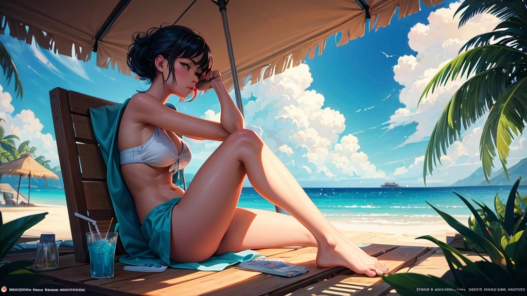 There is a woman sitting on a towel sipping a coconut drink, In the style of digital illustration, stylized digital illustration, Just a joke, Great illustrations, Lo-fi Girl, Chill Hop, Relaxing concept art, Beautiful digital illustrations, Relax on the beach, Beautiful digital art, Illustration Style, Beautiful artwork illustration, Exquisite digital illustrations, Detailed digital illustration, Lofi Art
