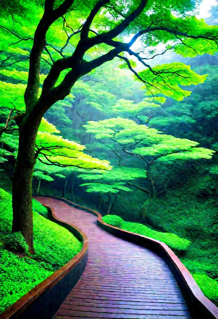 there is a wooden walkway that leads to a lush Green Forest, japan lush forest, Japanese Nature, lush Japanese Landscape, Quiet and peaceful atmosphere, Beautiful ancient forest, in quiet forest scenery, Green Forest, quiet forest scenery, A breathtakingly beautiful tree々, A breathtakingly beautiful tree々, a beautiful pathway in a forest, Japanese Landscape, Crooked tree, Light green fog