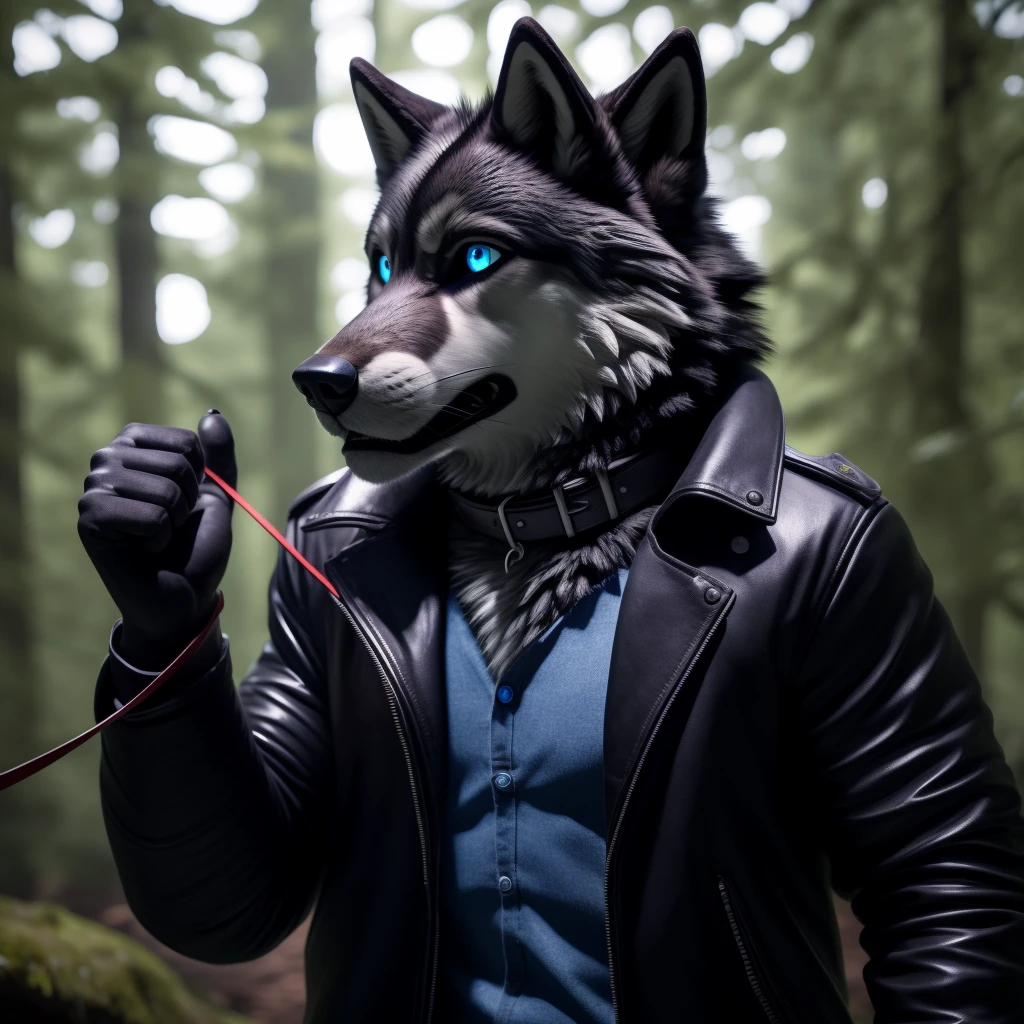 Male, 30 years old, cute, eyeliner, scared expression, mouth open, black leather jacket, anthro, wolf ears, (black fur:1.5), wolf, forest background, 8k, hi res, (best quality, masterpiece), (wolf tail:1.5), detailed fur, solo, leash and collar, blue jeans, blue eyes,