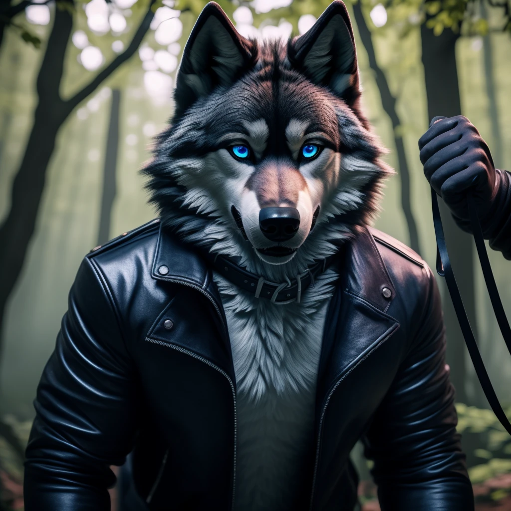 Male, 30 years old, cute, eyeliner, scared expression, mouth open, black leather jacket, anthro, wolf ears, (black fur:1.5), wolf, forest background, 8k, hi res, (best quality, masterpiece), (wolf tail:1.5), detailed fur, solo, leash and collar, blue jeans, blue eyes,