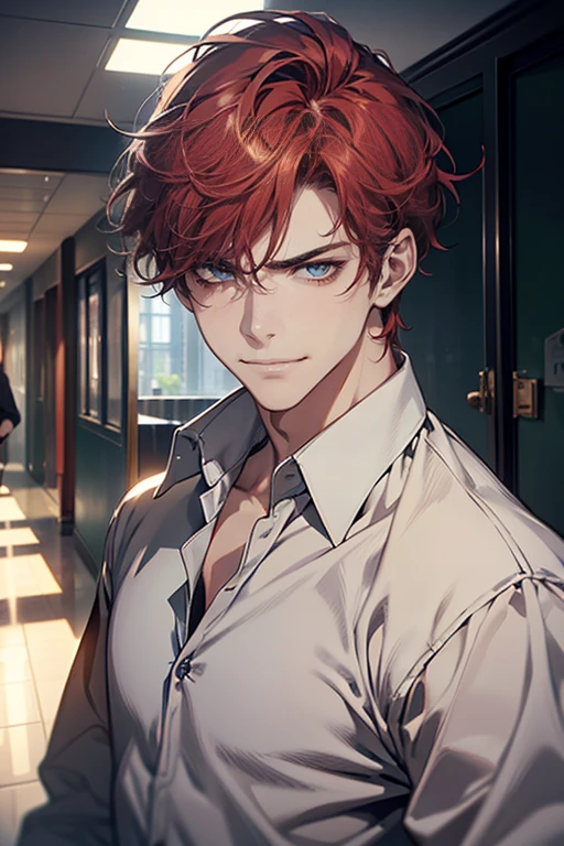 (tmasterpiece, high resolution, ultra - detailed:1.0), (1 male, masculine face), Perfect male body, tall and strong, Adult male, Delicate eyes and delicate face, Extremely detailed CG, Unity 8k wallpaper, Complicated details, Detailed face, ( short gray red hair, serious faces, white shirts,Bad students), (frown,smile:1.3), stad in school corridor, street style, color difference, Depth of field, dramatic shadow, Ray tracing, Best quality, Cinematic lighting, offcial art,Portrait