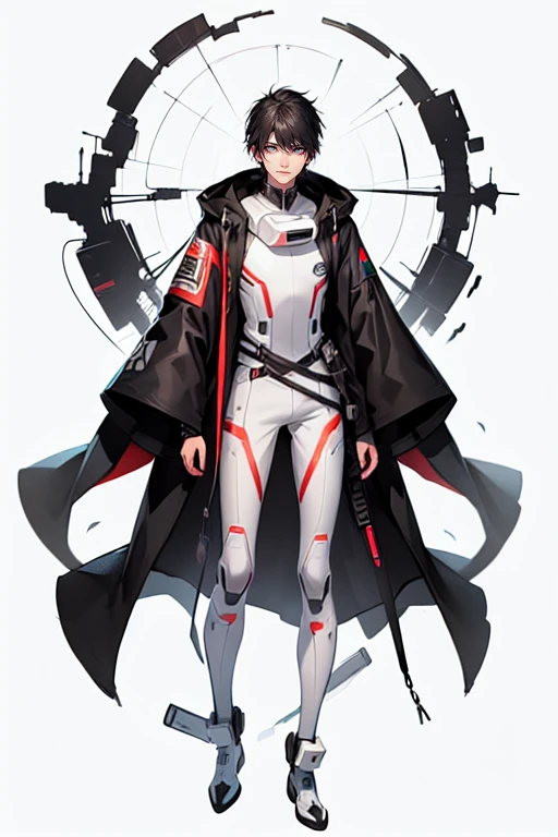 1 male (tall man, slim, manly, dominate, messy black-haired, tough, wearing a sci-fi space outfit.) best quality, ultra-detailed, illustration, complex, detailed, extremely detailed, detailed face, soft light, soft focus, perfect face, illustration, full body pose, tight outfit.