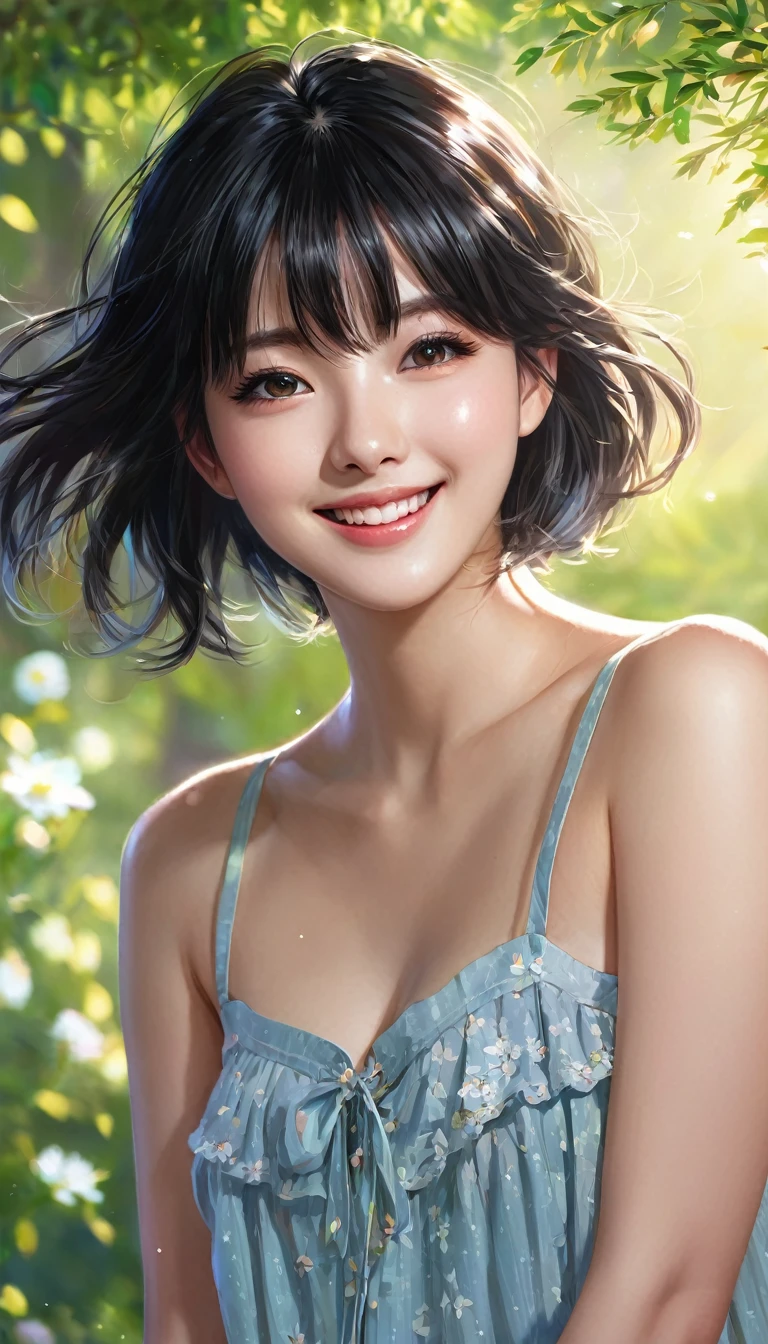 (masterpiece), (best quality), (super detail), (tousled hair), (Illustration), (1 Girl), (Interview), (Brief background), lovely, detailled eyes, Zartes pretty face, floating, (high saturation), (shine), Focus on face, black hair, bangs, Full smile, floating Hair. Girl, verliebtes Girl, pixiv-Illustration, top quality, super detailed, smile, clever, pretty face, 4K, Natur, Sunlight through trees,