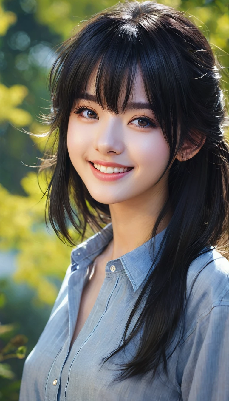 (masterpiece), (best quality), (super detail), (tousled hair), (Illustration), (1 Girl), (Interview), (Brief background), lovely, detailled eyes, Zartes pretty face, floating, (high saturation), (shine), Focus on face, black hair, bangs, Full smile, floating Hair. Girl, verliebtes Girl, pixiv-Illustration, top quality, super detailed, smile, clever, pretty face, 4K, Natur, Sunlight through trees,