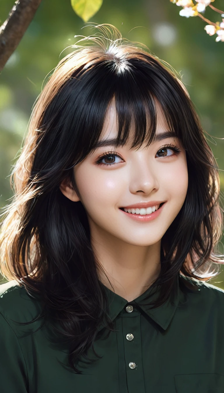 (masterpiece), (best quality), (super detail), (tousled hair), (Illustration), (1 Girl), (Interview), (Brief background), lovely, detailled eyes, Zartes pretty face, floating, (high saturation), (shine), Focus on face, black hair, bangs, Full smile, floating Hair. Girl, verliebtes Girl, pixiv-Illustration, top quality, super detailed, smile, clever, pretty face, 4K, Natur, Sunlight through trees,