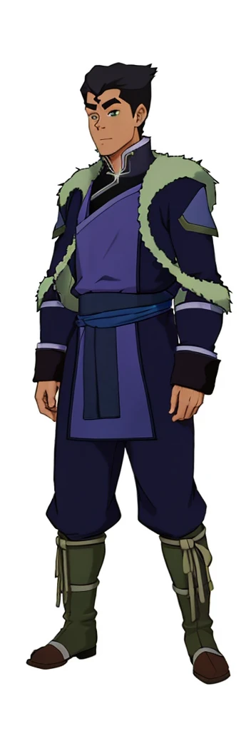 African-American, Bolin, water tribe traditional clothing mixed of blue and purple, with fur in shoulders and neck. Long sleeve, skinny, water tribe outfit. The character is wearing a blue, short-sleeved tunic with gold trim and fastenings down the front and fur collar, and fur on the shoulders. He has on dark purple pants tucked into knee-high boots. A green sash is tied around his waist. The overall style appears to be inspired by traditional East Asian clothing designs., fur on sleeves and shoulders, clothing mixed of water tribe purple and blue color and dark purple pants and skinny 