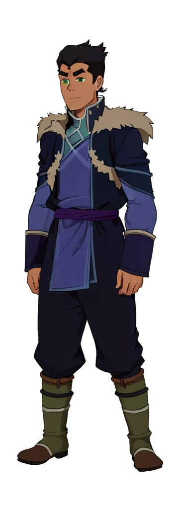 African-American, Bolin, water tribe traditional clothing mixed of blue and purple, with fur in shoulders and neck. Long sleeve, skinny, water tribe outfit. The character is wearing a blue, short-sleeved tunic with gold trim and fastenings down the front and fur collar, and fur on the shoulders. He has on dark purple pants tucked into knee-high boots. A green sash is tied around his waist. The overall style appears to be inspired by traditional East Asian clothing designs., fur on sleeves and shoulders, clothing mixed of water tribe purple and blue color and dark purple pants and skinny