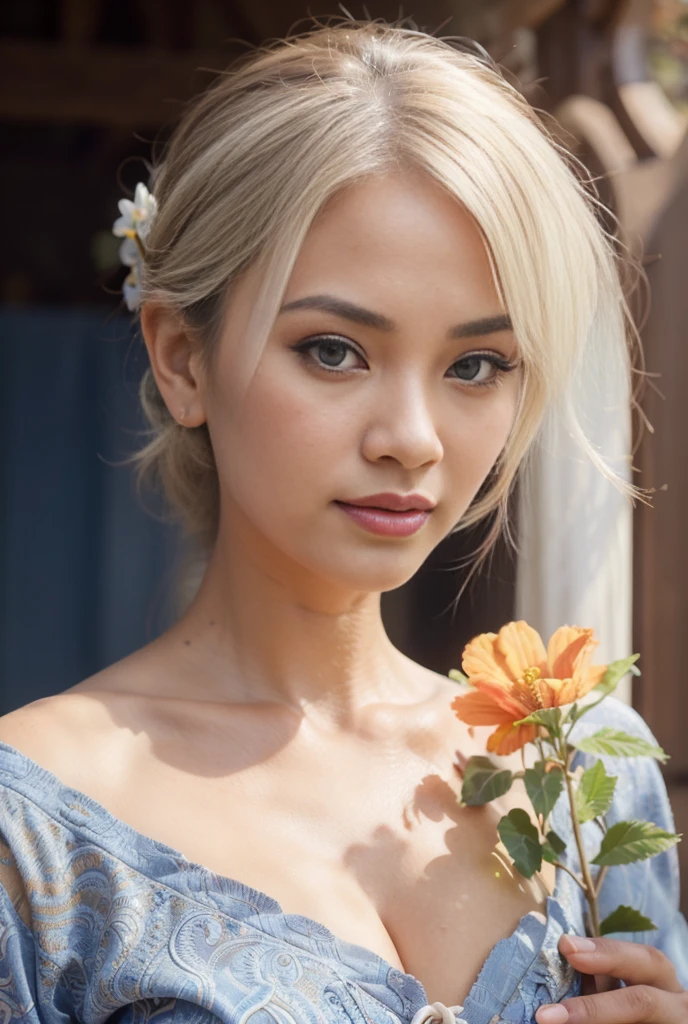 cleavage, (a) girl, (beautiful, detailed, blue, deep) blue eyes, (beautiful, detailed, full) red hot lips, (long, thick) eyelashes, (expressive:1.1), (white) hair, (sun-kissed) skin, [playful] expression, [javanese, traditional, cultural] attire, [vibrant, colorful] batik dress, [stylish, ornate] headscarf, [playfully, graceful, energetic] movements, (joyful:1.1), (relaxed, carefree) posture

[bustling, lively, peaceful, serene] (javanese-style) [garden, park], [lush, green, fertile, tropical] landscape, (beautiful, scenic, natural) elements, [dancing] shadow, [gentle, breezy, rustling] leaveelodious] [gamelan, guitar] music, (rustic, traditional) [Joglo, pendopo] architecture, [ornate, traditional, Javanese] lanterns, [intricate, detailed] carvings, [colorful, vibrant] floral decorations

(best quality, 4k, 8k, highres, masterpiece:1.2), ultra-detailed, (realistic, photorealistic, photo-realistic:1.37), [HDR, UHD], [studio lighting, beautifully, illuminated], (vivid, natural) colors, (harmonious, radiant) color palette, [subtle, warm, earthy] tones, [sunlit, soft] illuminations