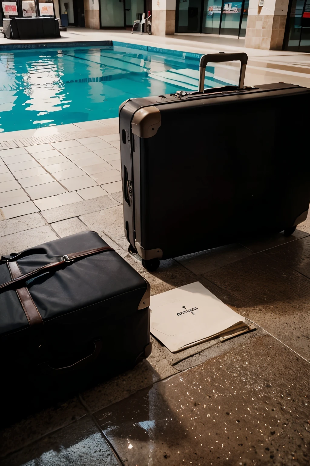 a suitcase on top of a pool of blood, in the middle of a shopping center with a blank note stuck on the suitcase