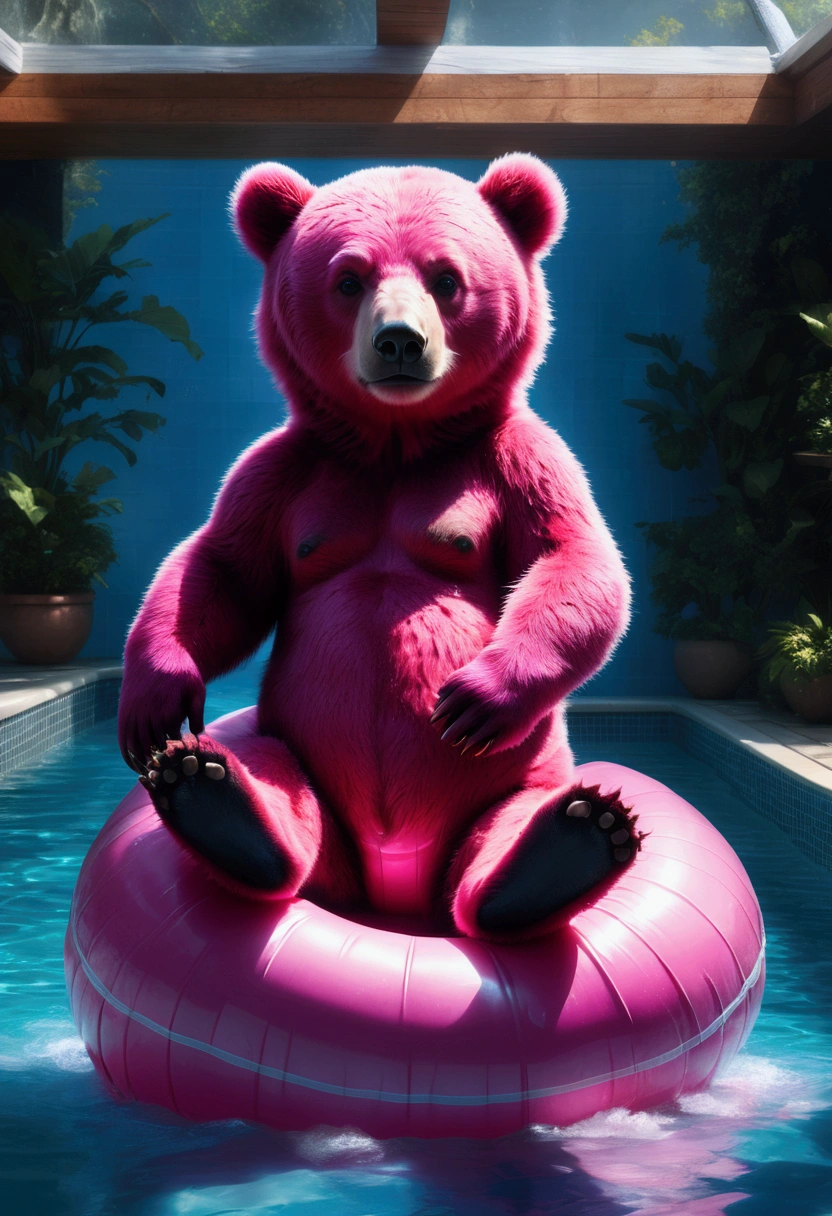 Pool , An adorable bear cub floating on its back on a pink inner tube in a swimming pool, hyperdetailed, 8k resolution concept art, cinematic, volumetric lighting, maximalist, detailed matte painting, deep color, fantastical, intricate detail, splash screen, complementary colors, fantasy concept art, 8k resolution trending on Artstation Unreal Engine 5, masterpiece, best quality, very aesthetic, absurdres