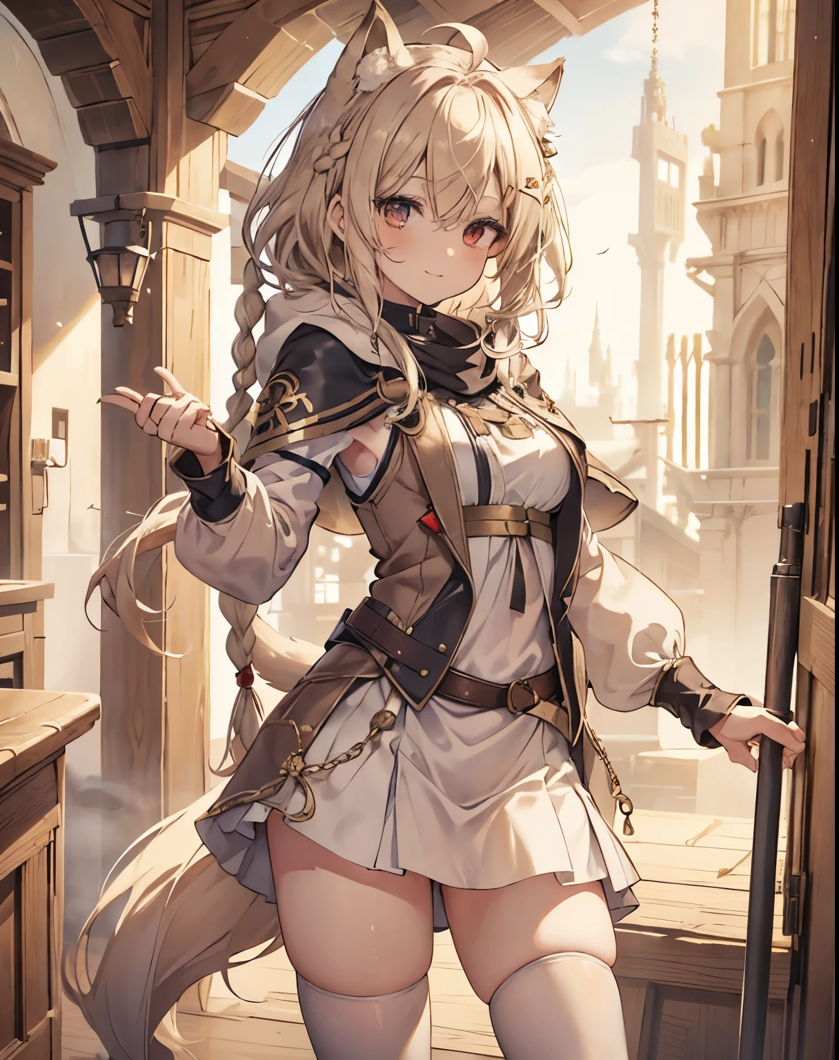 masterpiece, 1girl, sparrow, a blonde haired girl, wearing a white medieval priestess clothes, curly medium hair, messy hair, slim body, wearing golden capelet with hoody, he close her left eye, shirt ornament, seductive smile, red eyes, ahoge, black vest, baby face, big breast, beautiful breasts, rounded breasts, braid hair, white nurse cap, long sleeves, seductive eyes, white stocking, droopy eyes, miniskirt, brown skirt, plaid skirt, ass, beautiful ass, rounded ass, she standing while holding tbale, ((small neko ears)) , white white and gold fox tail