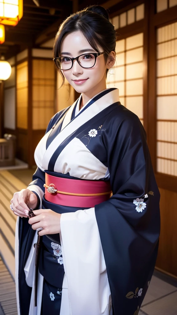 (Super beautiful woman in kimono)、((highest quality、8K masterpiece:1.3))、sharp focus:1.2、(super beautiful face:1.0)、(shiny skin:1.0)、realistic pictures、black hair、video lighting、High resolution eyes and face、video lighting、japanese actress、from the front、big breasts、with a happy smile、Slender abs beauty、whole body、wearing a kimono、in Kyoto、(((luxury obi)))、In Kyoto at night、wearing glasses with no edge、with a fan