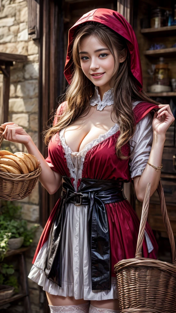 4K, Realistic,Very detailed,((Big Breasts))、18-year-old、((smile))、(Little Red Riding Hood)、(Medieval clothing)、(mini skirt)、Thigh-high stockings、(Carrying a basket of bread and wine)、grassland、((Delicate painting)),(Detailed RAW photos of girls), (Masterpiece:1.25), (Highest quality:1.6), (Ultra-high resolution:1.5), (Realistic:1.75), 8K resolution,:1.6), Canon EOS R5, 50mm,Very detailedな,Cinema Lighting