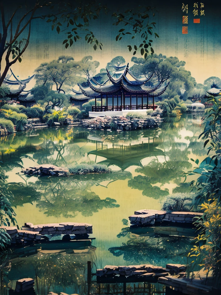 A pavilion by the water，landscape painting，Chinese style，Ink Painting，chinese classic garden，willow，Rich in artistic conception，Bird，Quiet，Literary Interests