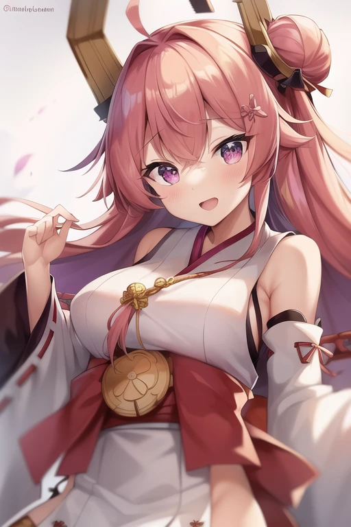 One girl, alone, Long Hair, King Kongu (Kantai Collection),Sakura Miko, Pink Hair, Double Bang, Purple eyes, Hair Bun, Ahoge, Open your mouth, Non-traditional Shrine Maiden, Removable sleeves, Brown eyes, White Background, (headgear):2, (Hair Bunド):2, smile, Sleeves edged with ribbon, Simple Background, kimono, Ribbon trim, View your viewers,  username, Upper Body, Wide sleeves, :d, King Kong