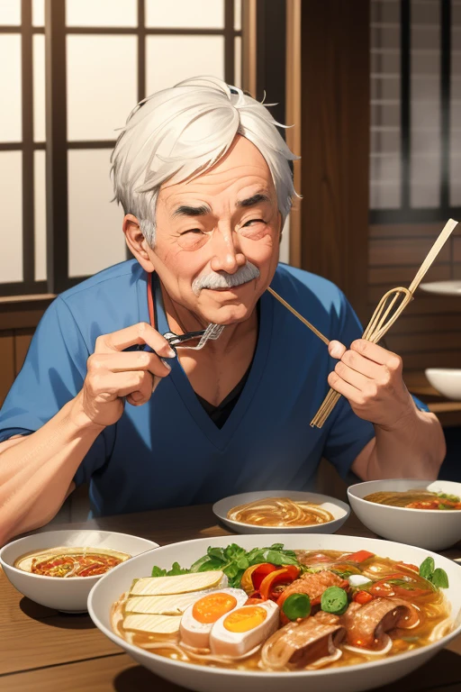 anime style, super fine illustration, highly detailed, dynamic angle, beautiful detailed, 8K, On a summer afternoon in a ramen shop, BREAK a old men ,docter , is eating ramen deliciously with a smile on his face. BREAK The steaming ramen and the slight sweat on his face show his satisfaction.White