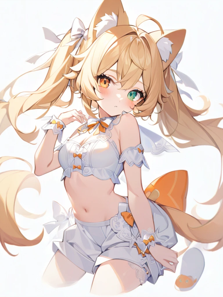 1girl, animal ears, bangs, bare shoulders, blonde hair, blush, bow, breasts, white cleavage, cropped torso, , green eyes, hair ribbon, heterochromia, stlooking at viewer, , orange bow, orange eyes, orange ribbon, ears like an unearthly animal, fluffy tail, light tail, real tail, ribbon, solo, stuffed animal, stuffed bunny, stuffed toy, twintails, upper body, full-length, white legbands, white shoes with lace and white bows, white background, wrist cuffs, yellow eyes, bloomers, close-up, fair skin frills, lace, midriff, skirt, solo, , white background,shorts, white top with ribbon and lace and trousers,trousers, genshin,white slippers with a bow,All clothes are white, laceAt full height, it stands, в полный рост