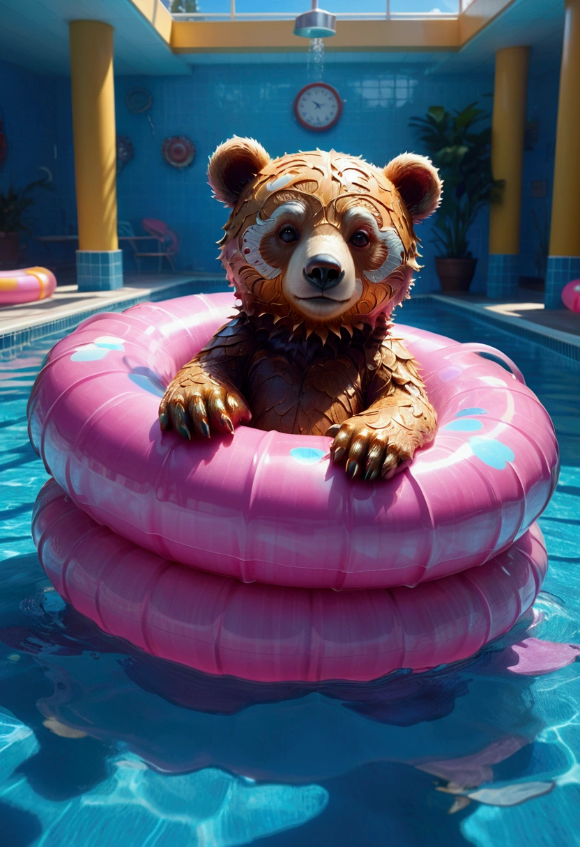 Pool , An adorable bear cub floating on its back on a pink inner tube in a swimming pool, hyperdetailed, 8k resolution concept art, cinematic, volumetric lighting, maximalist, detailed matte painting, deep color, fantastical, intricate detail, splash screen, complementary colors, fantasy concept art, 8k resolution trending on Artstation Unreal Engine 5, masterpiece, best quality, very aesthetic, absurdres