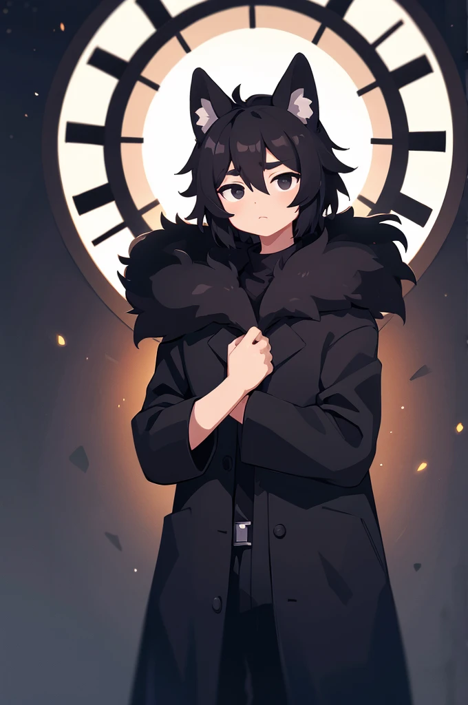 boy, black hair, super black eyes, black coat with fur, clock background