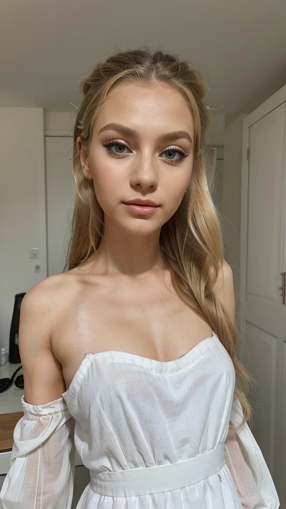 Photo of a Slavic blonde girl with makeup on her face , long eyelashes and neatly styled hair Dressed in a beautiful, airy white dress Full-length photo 
Воздушное ,парящие платье 