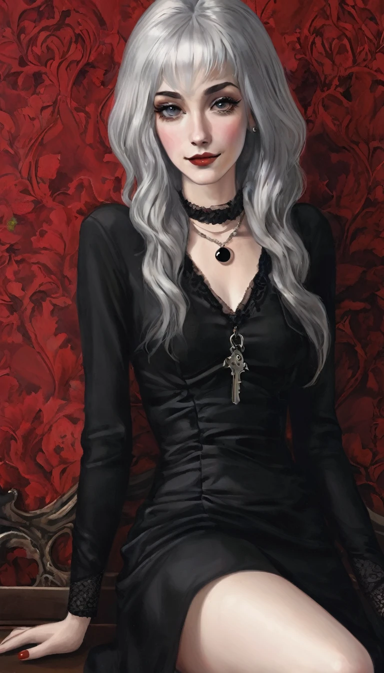 (best quality,highres),dark and mysterious,gothic art style,red and black color palette,dramatic lighting,an eerie garden setting,glimmering moonlight,delicate lace details,detailed engravings on the earrings and piercing,roses and thorns intertwined,female, pale skin, vibrant red lipstick, (white hair, long flowing hair, straight hair), red eyes, vampire, sharp fangs,playful expression,tattoos on her arms and neck,spider web motifs in the background