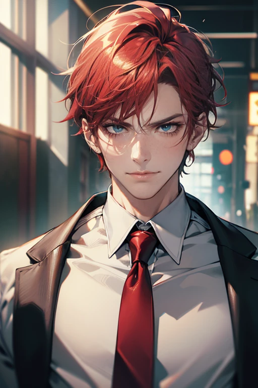 (tmasterpiece, high resolution, ultra - detailed:1.0), (1 male, masculine face), Perfect male body, tall and strong, Adult male, Delicate eyes and delicate face, Extremely detailed CG, Unity 8k wallpaper, Complicated details, Detailed face, ( short  gray red hair, serious faces, white shirts,Bad students), (frown,smile:1.3), stad in school corridor, street style, color difference, Depth of field, dramatic shadow, Ray tracing, Best quality, Cinematic lighting, offcial art,Portrait