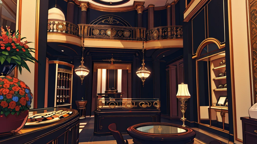 inside a jewelry store, with a balcony, black color, no humans, no persons