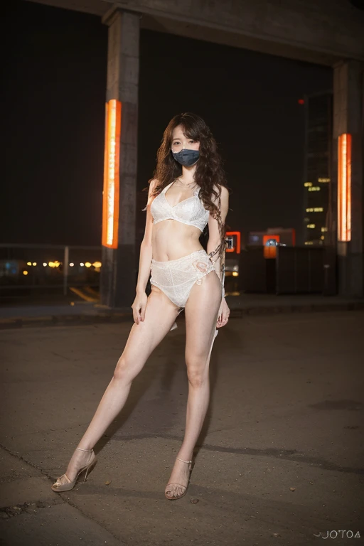 ((original photography:1.2)),RAW photos,Night view of Beijing,1 Girl, Perfect body,Full body portrait,stylish hair, Very curly hair, delicate eyes, Side Light, Sweating,With a mask, charming collarbone
