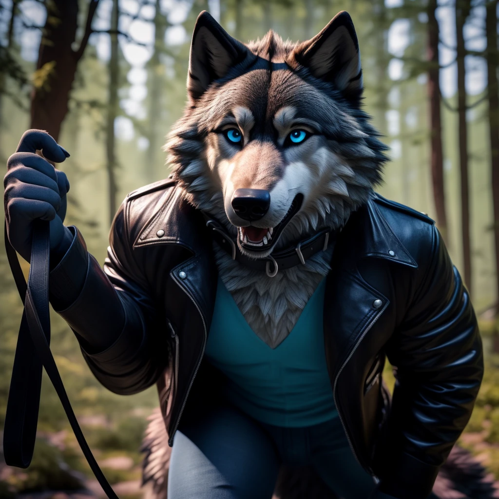 Male, 30 years old, cute, eyeliner, scared expression, hanging mouth open, black leather jacket, anthro, wolf ears, (black fur:1.5), wolf, forest background, 8k, hi res, (best quality, masterpiece), (wolf tail:1.5), detailed fur, solo, leash and collar, blue jeans, blue eyes,