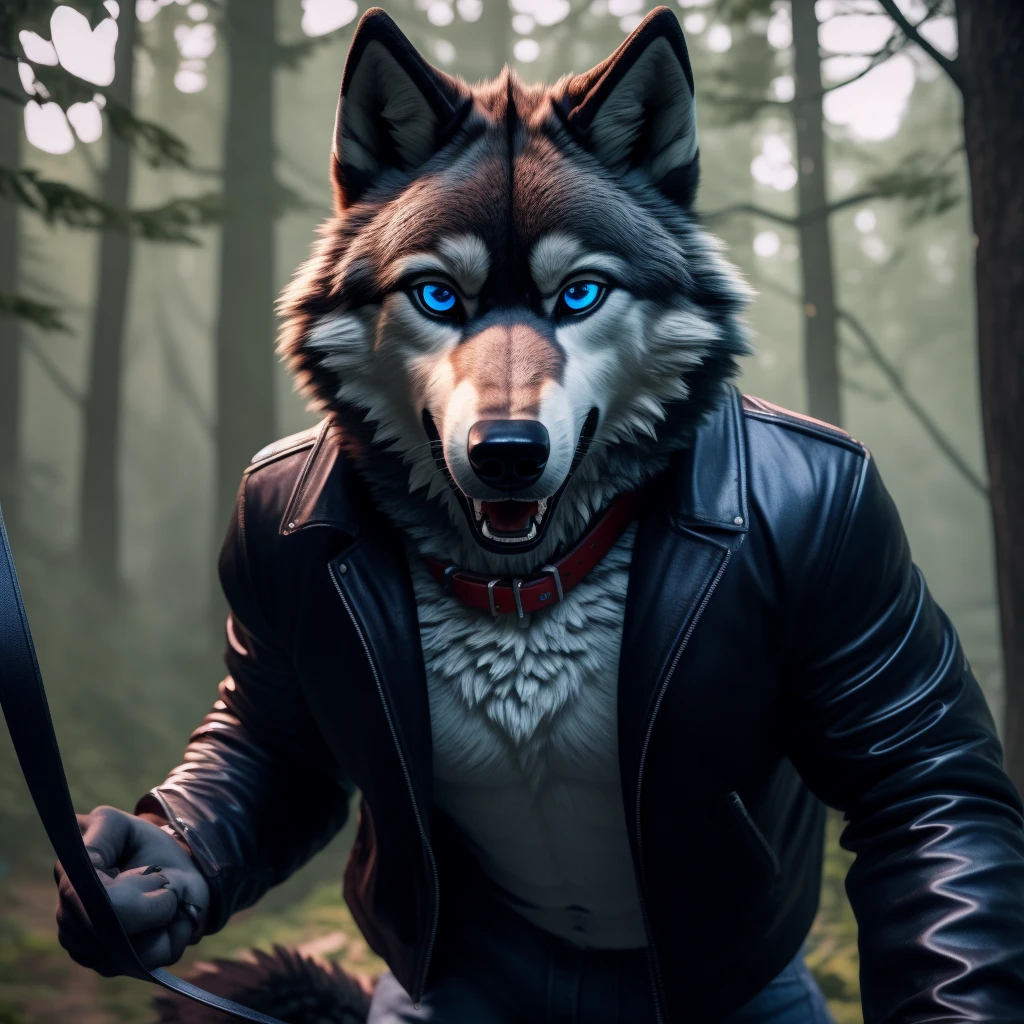 Male, 30 years old, cute, eyeliner, scared expression, hanging mouth open, black leather jacket, anthro, wolf ears, (black fur:1.5), wolf, forest background, 8k, hi res, (best quality, masterpiece), (wolf tail:1.5), detailed fur, solo, leash and collar, blue jeans, blue eyes,