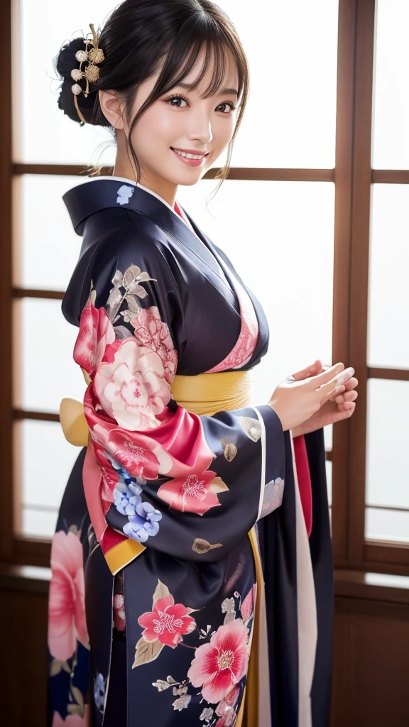(Super beautiful woman in kimono)、((highest quality、8K masterpiece:1.harp focus:1.2、(subeautiful face:1.0)、(shiny skin:1.0)、realistic pictures、black hair、video lighting、High resolution eyes and face、video lighting、japanese actress、from the front、with a happy smile、whole body、wearing a kimono、in Kyoto、(luxury obi)、with a fan