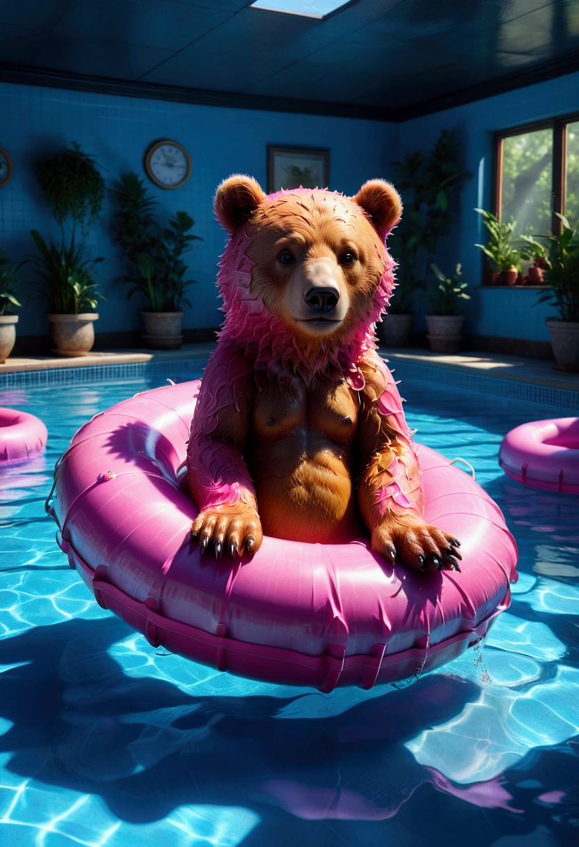 Pool , An adorable bear cub floating on its back on a pink inner tube in a swimming pool, hyperdetailed, 8k resolution concept art, cinematic, volumetric lighting, maximalist, detailed matte painting, deep color, fantastical, intricate detail, splash screen, complementary colors, fantasy concept art, 8k resolution trending on Artstation Unreal Engine 5, masterpiece, best quality, very aesthetic, absurdres