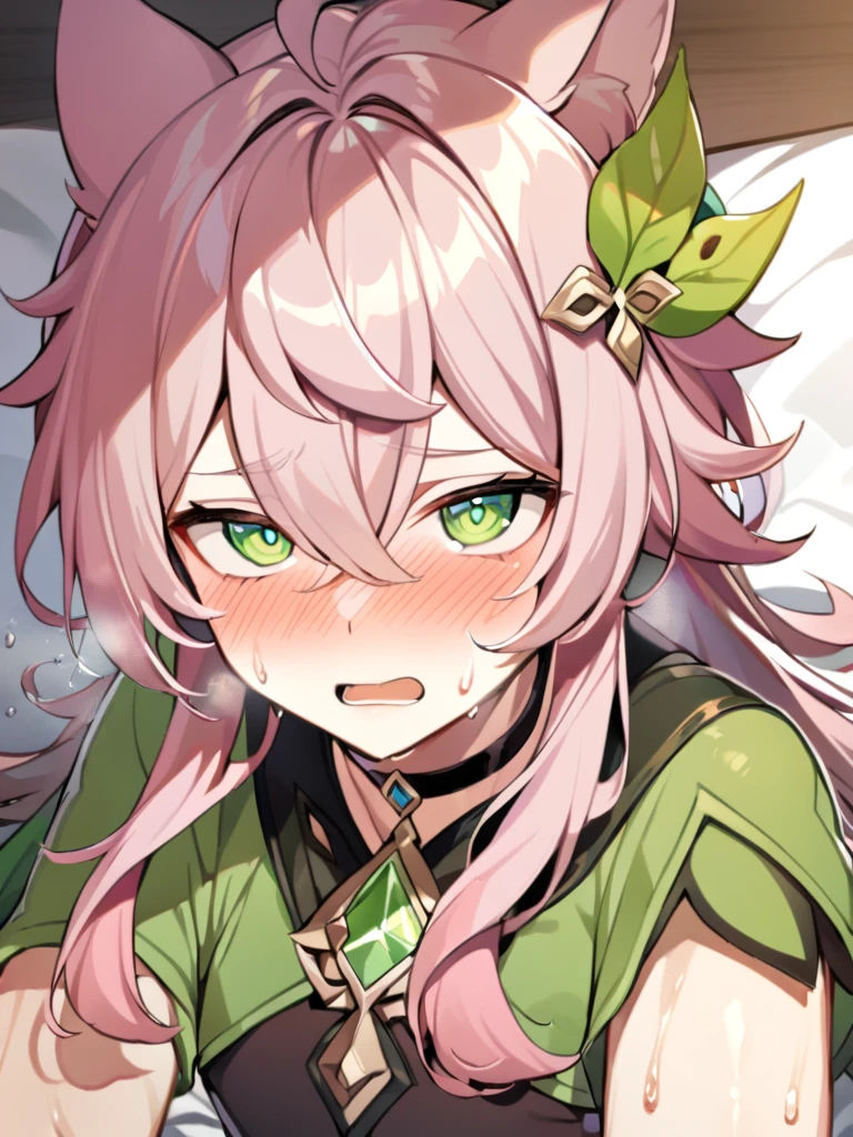 1boy, bangs, choker, gem, green cape, green eyes, green gemstone, hair between eyes, leaf, leaf hair ornament, long hair, looking at viewer, male focus, , pink hair, shirt, short sleeves, solo, upper body,ears , separate green ears, genshin clothes, funny guy , in full growth ,redness, moaning,  face, on the bed, sweat,writhing, cummin